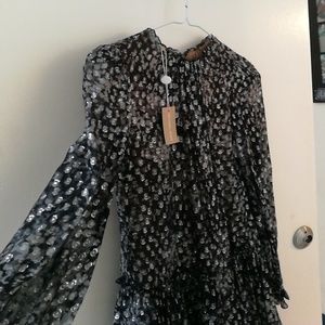 MK - Mock-Neck Long-Sleeve Cinched-Waist sheer A-